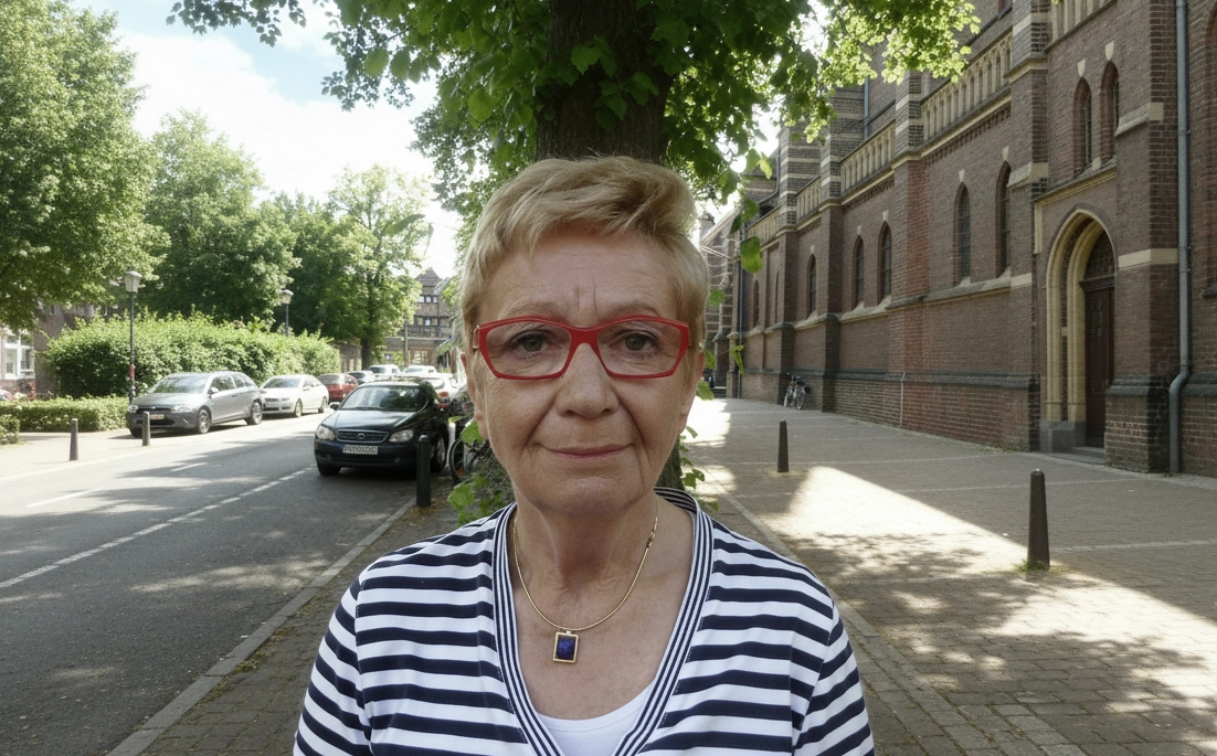 Eine Person mit kurzen, blonden Haaren steht im Freien vor einem Baum und alten Backsteingebäuden. Sie trägt ein weiß-blau gestreiftes Oberteil und eine goldene Halskette mit einem rechteckigen, blauen Anhänger. Im Hintergrund sind Fahrräder, Autos und eine ruhige Straße zu sehen.