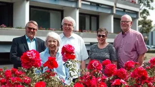Ein Gruppenbild vom Vergabeausschuss St. Augustinus (5 Menschen, 3 Männer und 2 Frauen), die hinter roten Blumen stehen.