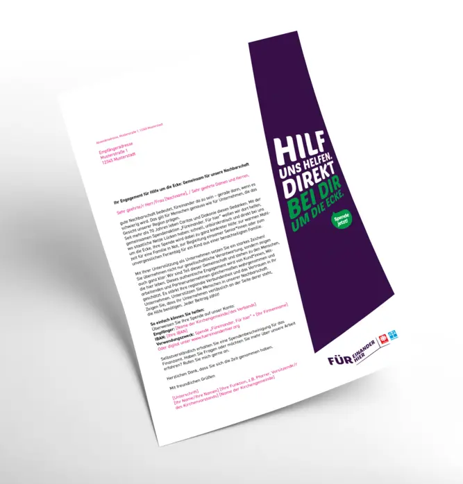 Ein Anschreiben "Hilf uns helfen. Direkt bei dir um die Ecke"