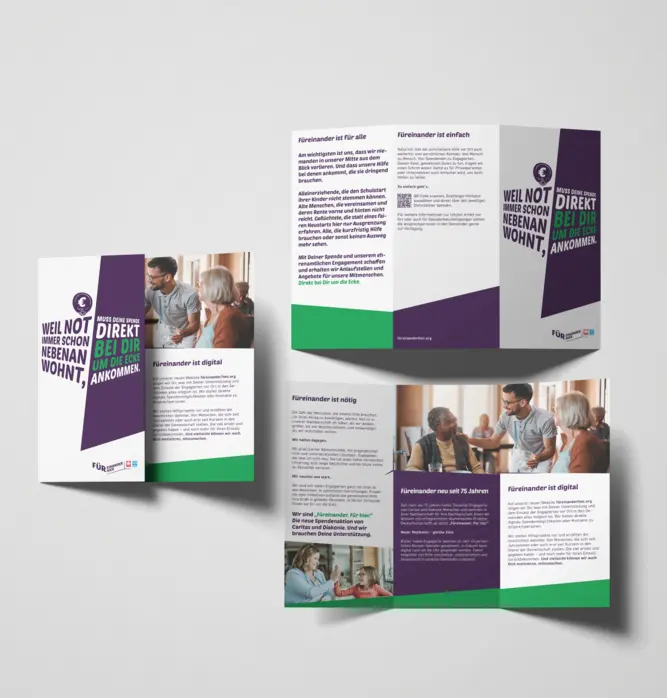 Eine Ansicht des Flyers mit verschiedenen Seiten.