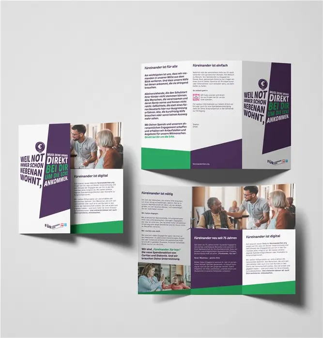 Eine Ansicht des Flyers mit verschiedenen Seiten.